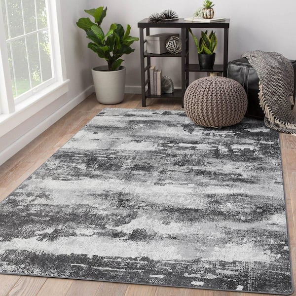 Zephyr Machine Washable Dark Drey 9 ft. x 12 ft. Modern Abstract Indoor Area Rug