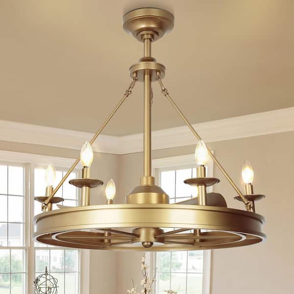 30 in. Indoor Farmhouse Gold Ceiling Fan with Lights, 6 Lights Downrod Mount Chandelier with Remote control for Bedroom