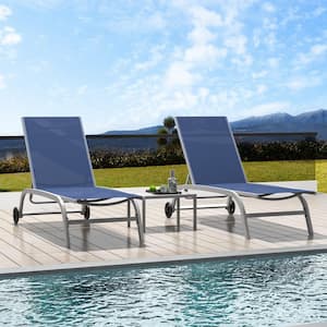 3-Piece Blue Outdoor Adjustable Chaise Lounge Outdoor with Side Table