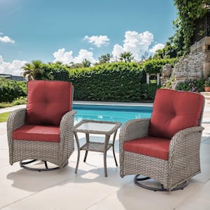 Gray 3-Piece Wicker Patio Conversation Set with Red Cushions and Coffee Table All-Weather Swivel Rocking Chairs