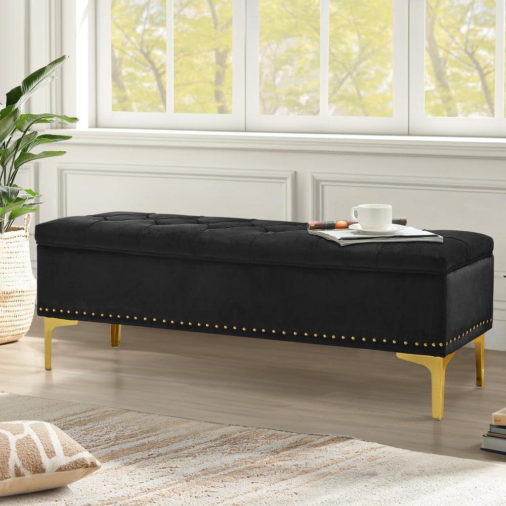 Storage Ottoman Black Velvet store with gold trim NEW