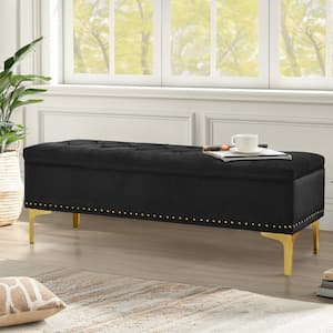 Mondo Black Velvet Modern Storage Bench with Wood Frame and Gold Metal Leg End of Bed Storage Ottoman