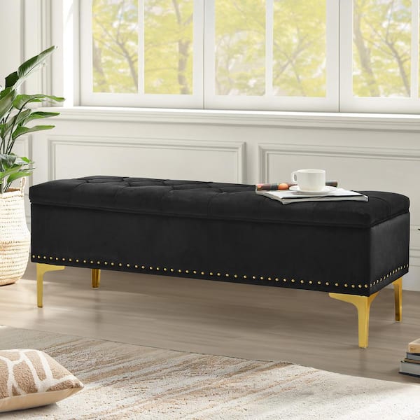 LUE BONA Mondo Black Velvet Modern Storage Bench with Wood Frame and Gold Metal Leg End of Bed Storage Ottoman