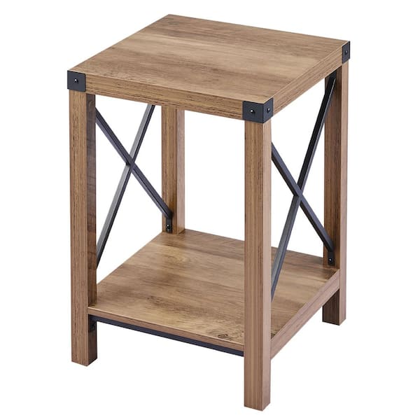 Merra 16 in. Teak Wood End Table with Storage Shelf, x Metal Frames