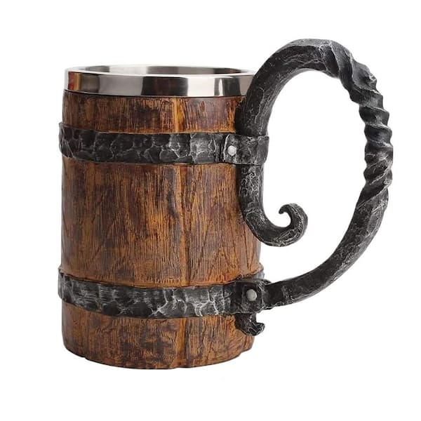 18.6 oz. Viking Wooden Beer Mug, Resin and 304 Stainless Steel, Beer Tankard with Handle for World Cup Party (Set of 1)