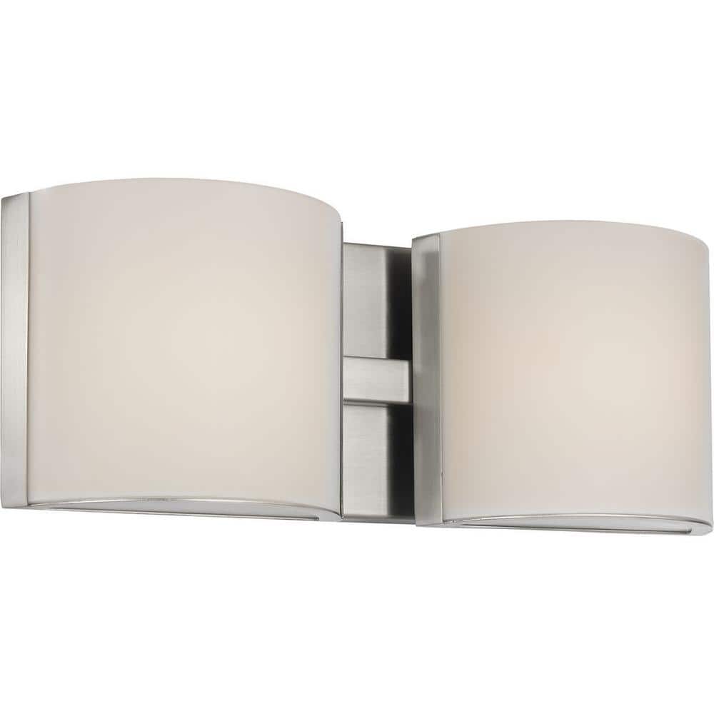Brushed Nickel Two-Light LED Bath Fixture with Etched Glass Shades