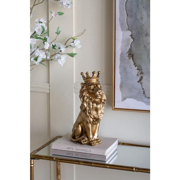 Gold 5 in. x 13 in. Resin Sitting Crowned Gold Lion Statue Animal