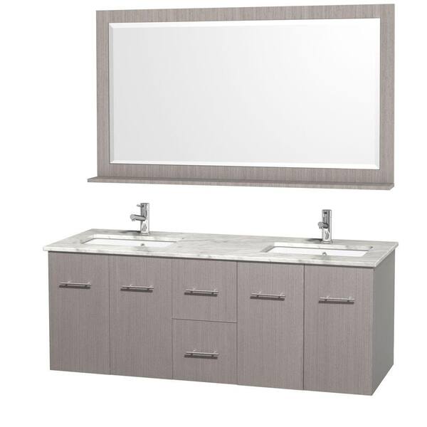 Wyndham Collection Centra 60 in. Double Vanity in Grey Oak with Marble Vanity Top in Carrara White and Under-Mount Sink