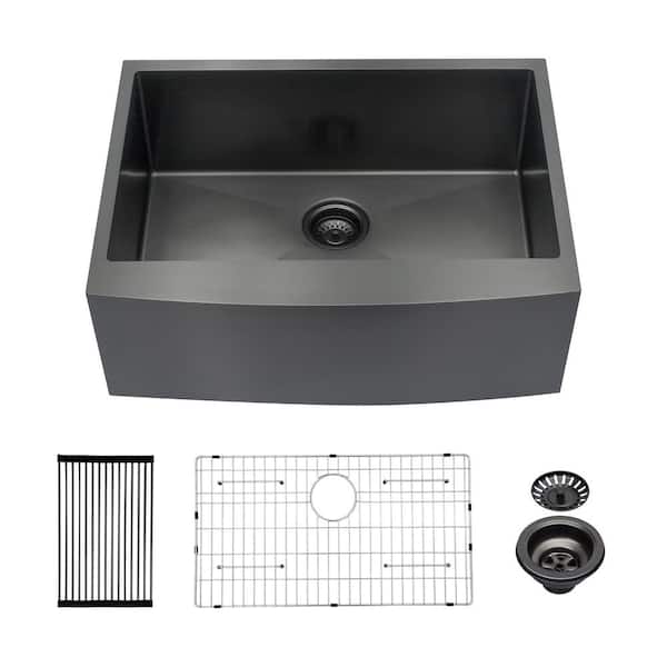 27 in. W Farmhouse Undermount Single Bowl 16-Gauge Gunmetal Black Stainless Steel Kitchen Sink