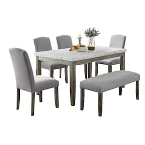 Emily 60 in. Rectangular White Marble Table with 4-Gray Upholstered Chair and 1-Upholstered Bench