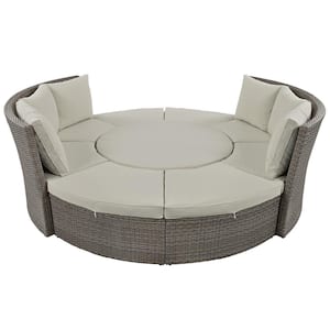 All-Weather PE Wicker Sunbed Daybed 5-Piece Round Rattan Outdoor Sectional Sofa Set with Gray Cushions