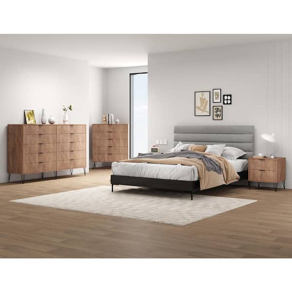 Manhattan Comfort DUMBO Golden Brown 2-Drawer Nightstand, 5-Drawer Chest and 10-Drawer 69.68 in. Dresser with SNAP Tool-Free Assembly