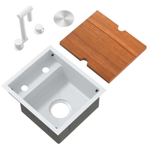 15 in. Undermount Single Bowl 16-Gauge White Stainless Steel Hidden Utility Kitchen Bar Sink w/Folding Faucet