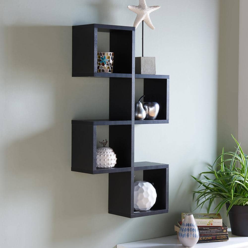 Black MDF Contemporary Floating Wall Shelf with Cubby Holes