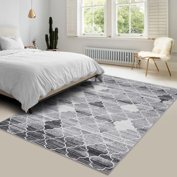 GlowSol Grey 5 ft. x 7 ft. Vintage Geometric Tribal Machine Washable Area Rug, Gray