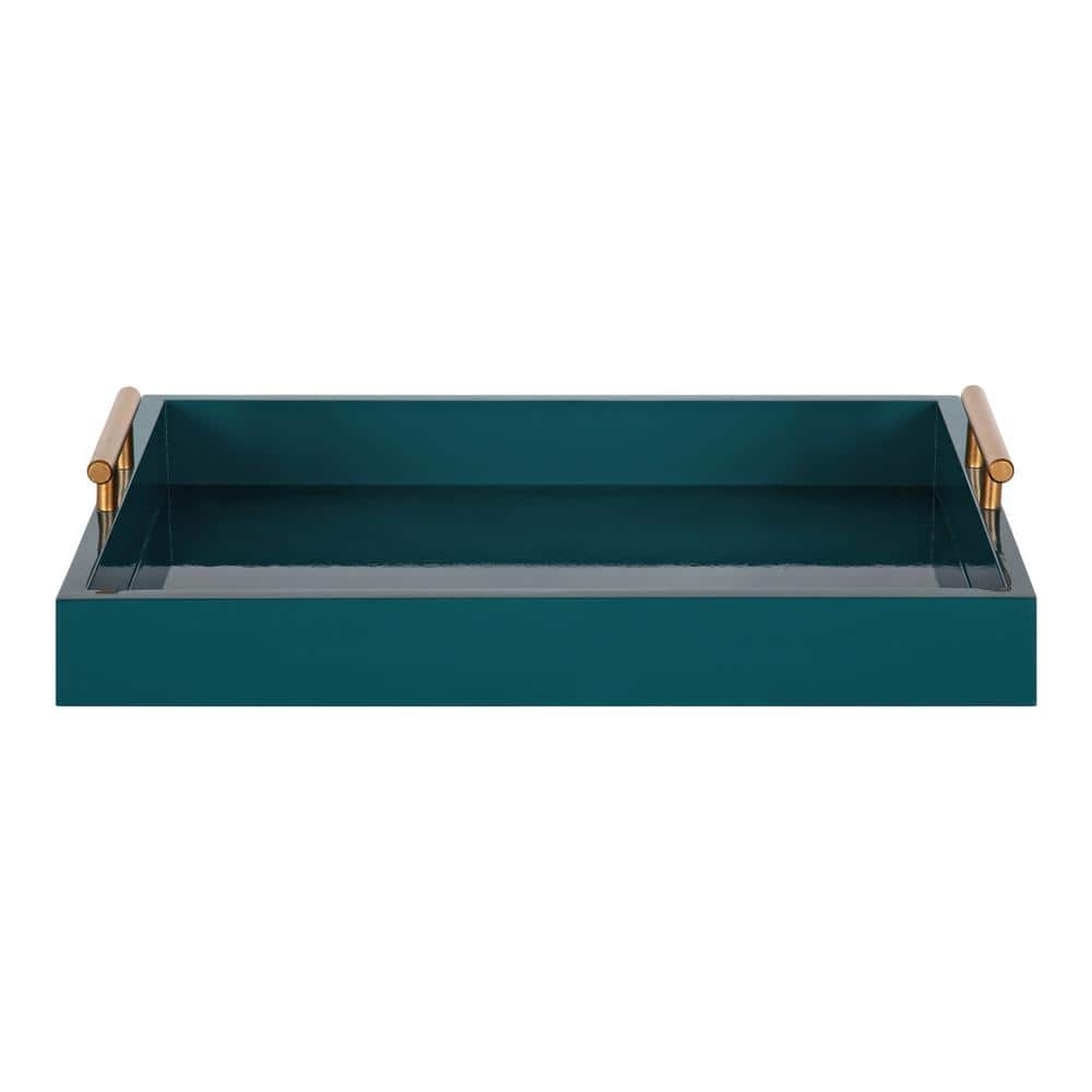 Teal Wood Tray with Brushed Gold Metal Handles