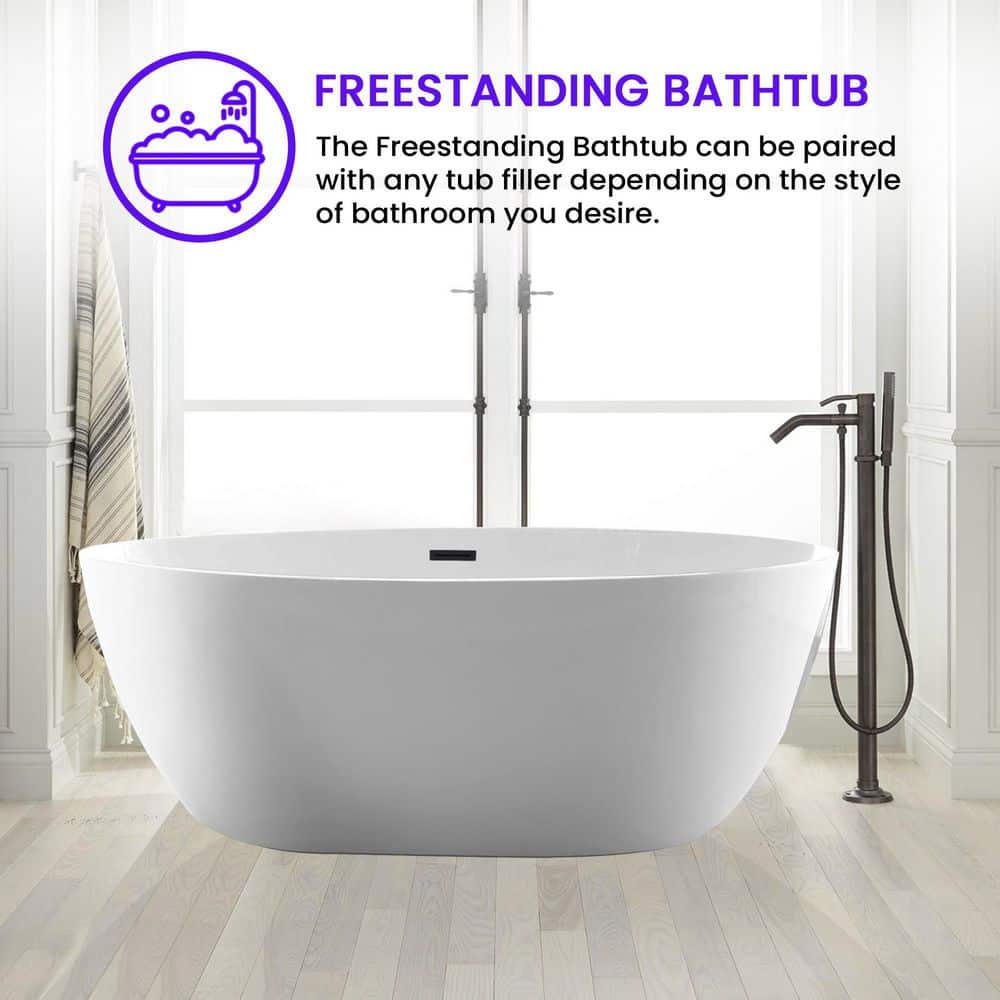 59" White Acrylic Freestanding Soaking Bathtub with Matte Black Drain
