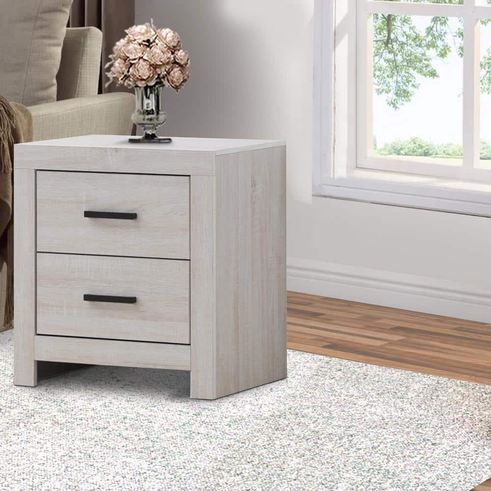 White Wood Grain 2-Drawer Nightstand with Metal Bar Pulls