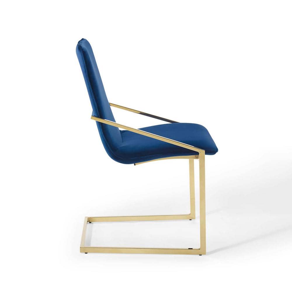 Elegant Gold Navy Velvet Upholstered Arm Chair with Geometric Metal Frame