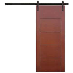 36 in. x 84 in. Contemporary Prefinished 5-Panel Flush Mahogany Wood Sliding Barn Door with Bronze Hardware Kit