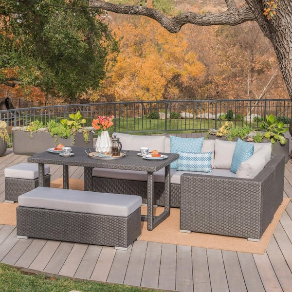 Noble House Gray 7-Piece Faux Rattan Rectangular Outdoor Sofa Dining Set with Silver Cushion