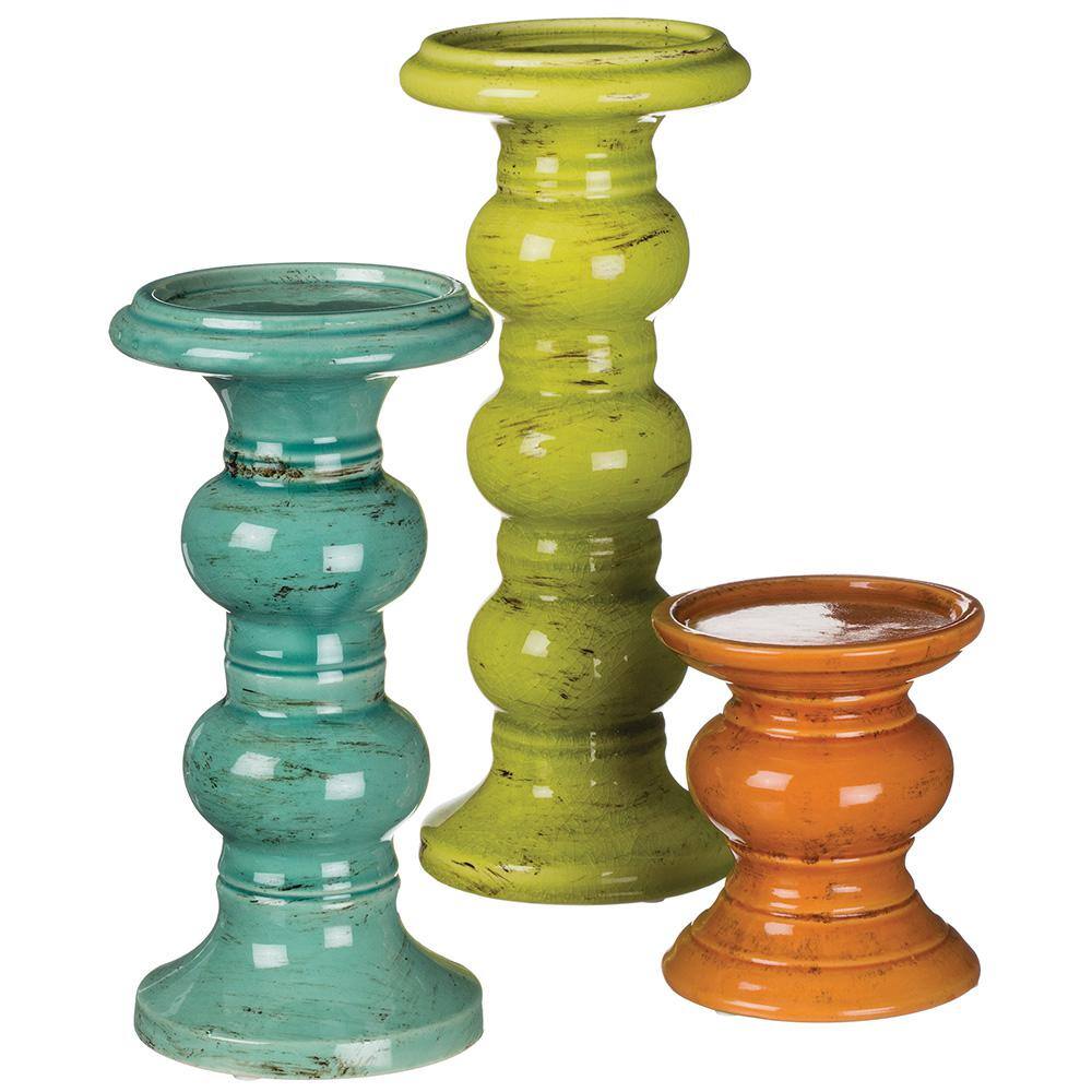 Colorful Ceramic Pillar Candle Holders with Bubble Stem, Set of Three