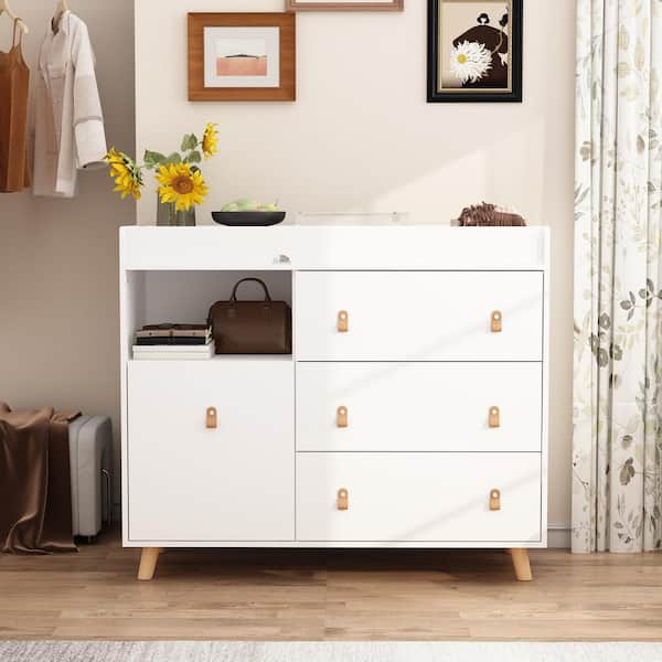 White 4-Drawers Wood 44.9 in. W Kids Low Dresser Changing Table Dresser with, Changing Table, Open Shelf
