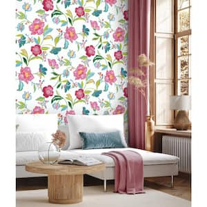 30.75 sq. ft. Magenta and Off-White Painterly Floral Vinyl Peel and Stick Wallpaper Roll