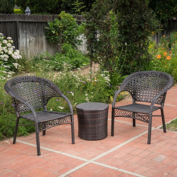 Noble House Kenya Multi-Brown 3-Piece Faux Rattan Patio Conversation Set with Stacking Chairs