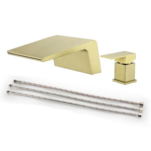 AIMADI Single-Handle Waterfall Deck-Mount Roman Tub Faucet with Modern 2-Hole Brass Bathtub Fillers in Brushed Gold