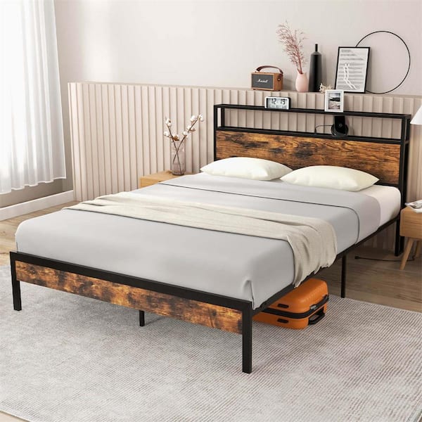 Costway Rustic Brown Metal Bed Frame Queen Platform Bed with Storage Headboard Charging Station 18-Watt USB C-Port