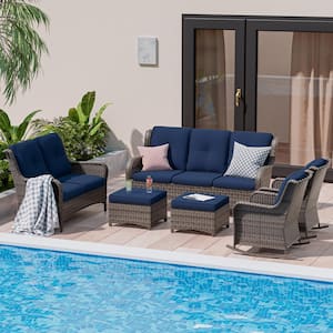 Brown 6-Piece Wicker Outdoor Patio Conversation Set with Blue Cushions and Rocking Chairs