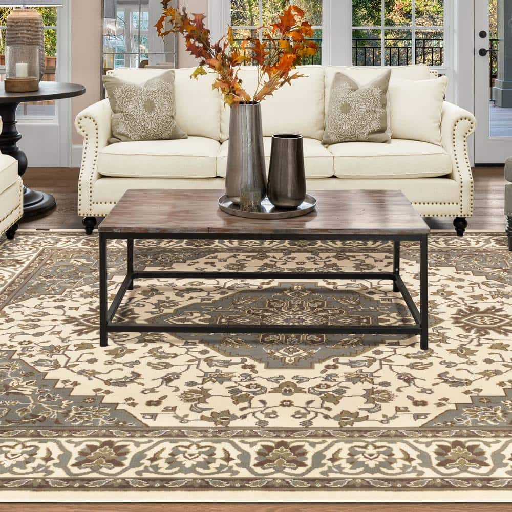 Green and Beige Medallion Synthetic Stain-Resistant Area Rug
