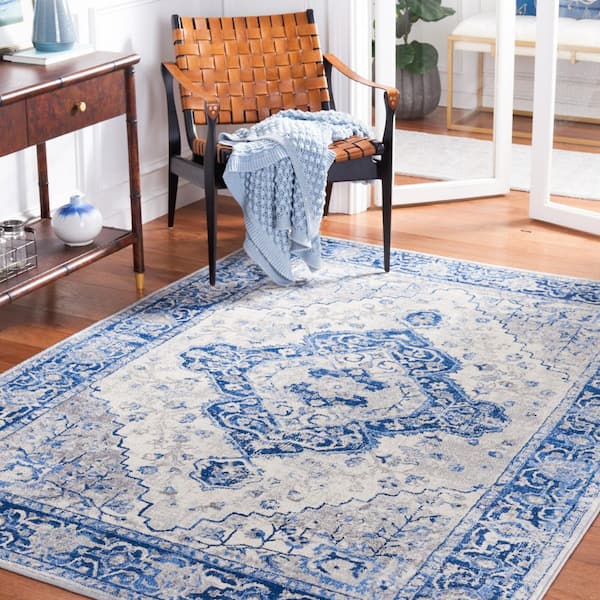 Brentwood 4 ft. x 6 ft. Blue/Ivory Diamond Medallion Border Area Rug