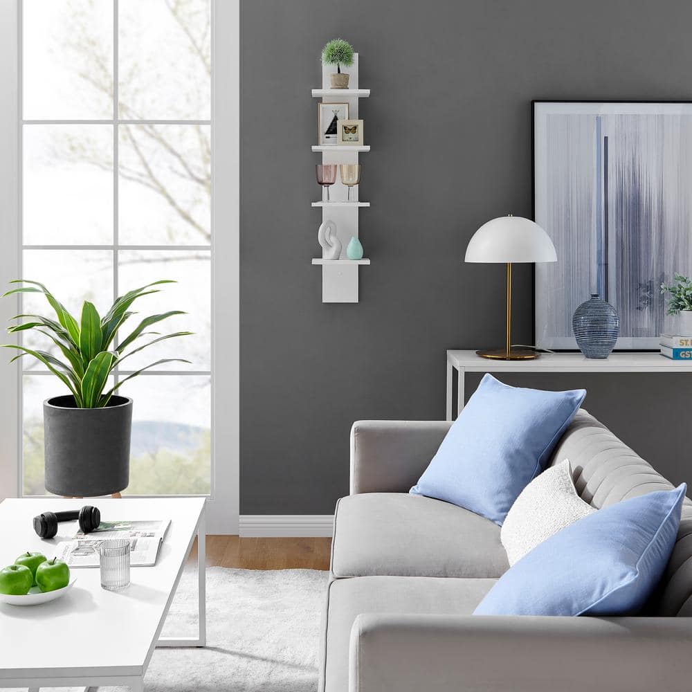 White 4-Tier Floating Wall Shelf with Wood Finish
