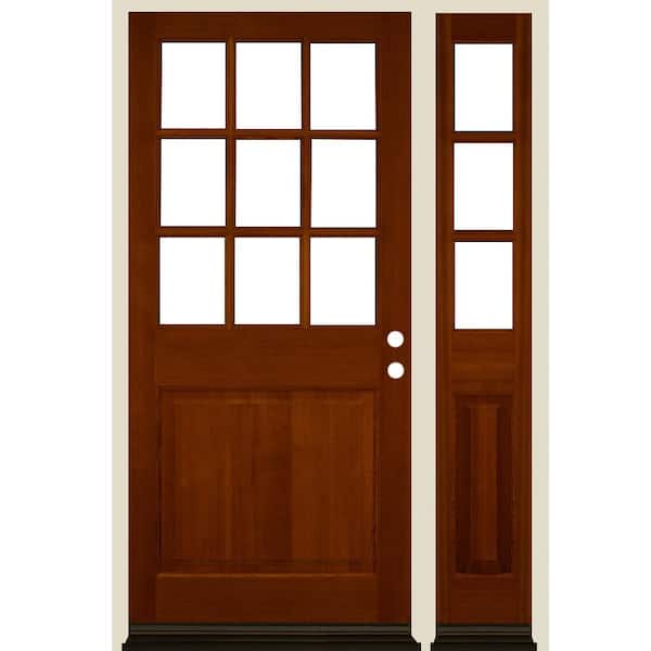 Krosswood Doors 50 in. x 80 in. Farmhouse 9-Lite Clear Glass Left-Hand Red Chestnut Stain Hemlock Wood Prehung Front Door w/ RSL