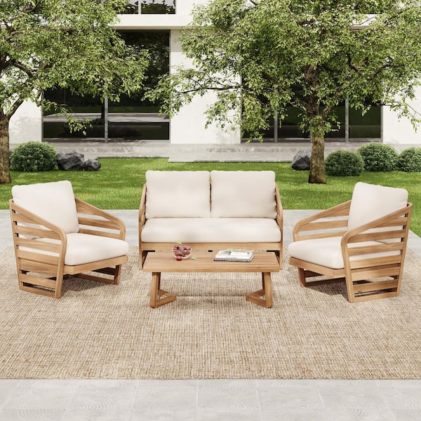 Hilda Outdoor 4-Piece Teak Finish Solid Wood Patio Conversation Set with Beige Cushions