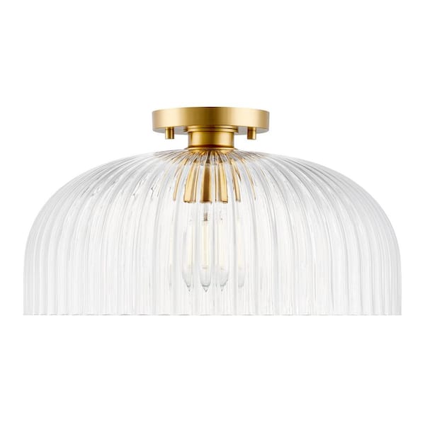16 in. W x 8.5 in. H 1-Light Natural Brass Transitional Semi-Flush Mount with Clear Pleated Glass Shade