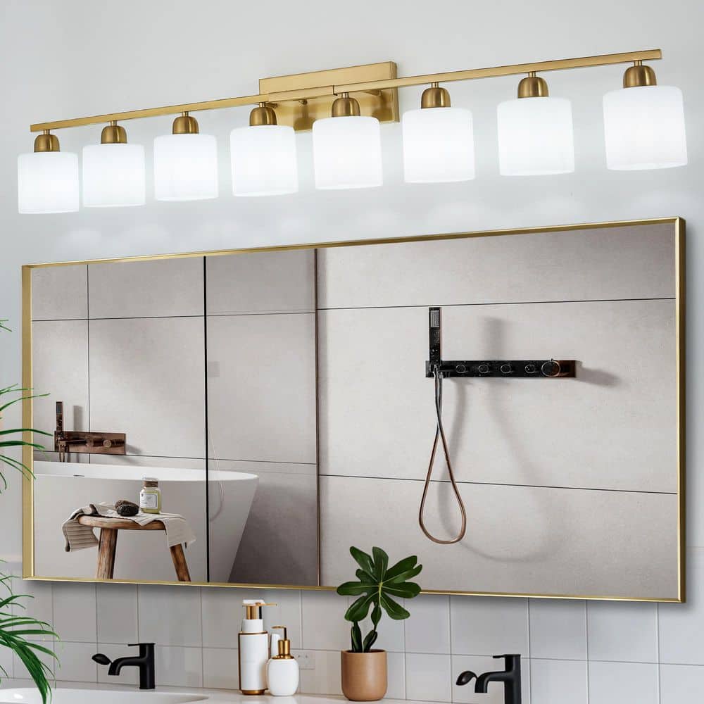 52 in. 8-Light Gold Modern Bathroom Vanity Light Fixture with Milky White Frosted Glass Shades price history on PriceWatchPro