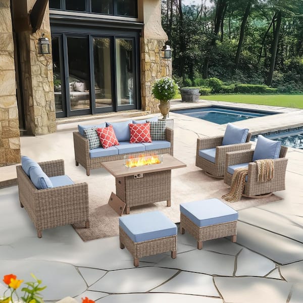 EDYO LIVING 7-Piece Wicker Outdoor Patio Conversation Set with Blue Cushions and 55000 BTU Propane Fire Pit Table