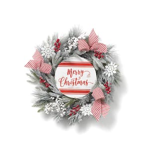 24 in. White Unlit Pine Artificial Christmas Wreath with Berries and Sign