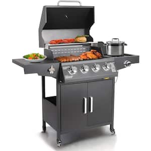Portable Propane Gas Grill 4 Burners with Side Burner Freestanding Grill Cart and Wheels, Black