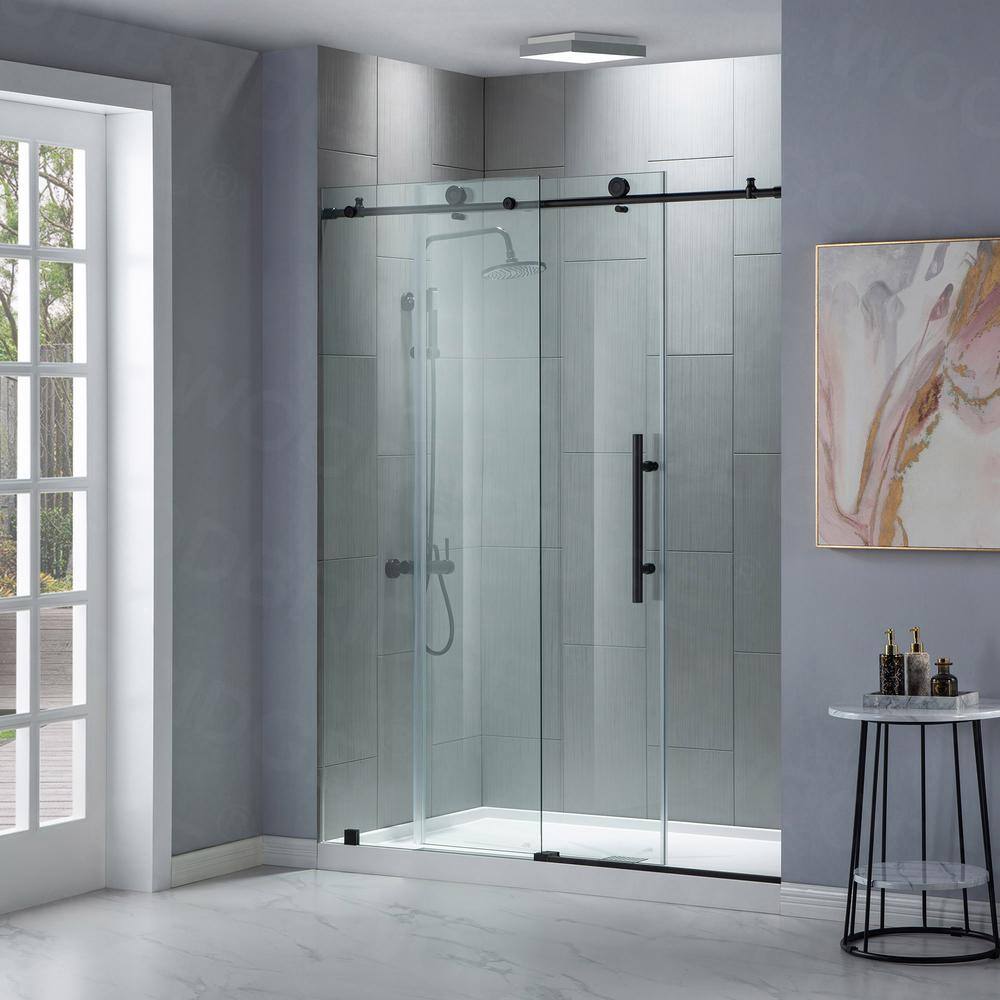 Matte Black Frameless Sliding Shower Door with Clear Tempered Glass