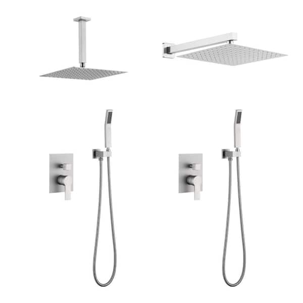 YASINU Single Handle 1-Spray 12 in. Square Shower Faucet with Handheld Shower in Brushed Nickel (Valve Included)