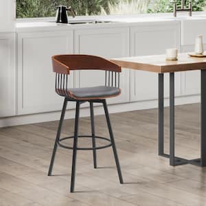 Athena Swivel 27 in. Grey/Walnut and Black Metal/Wood Counter Stool with Grey Faux Leather Seat
