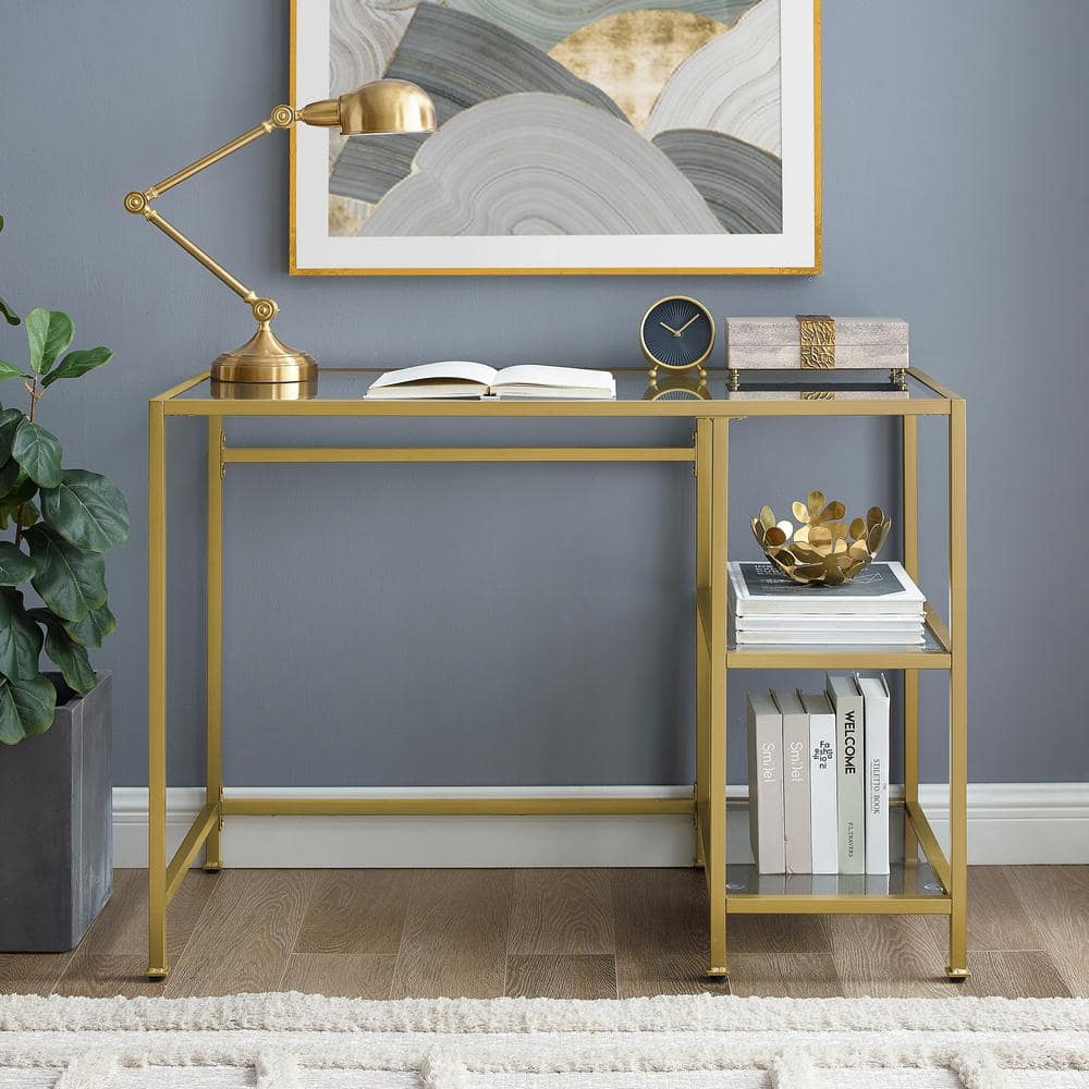 Sleek Gold-Frame 46" Glass-Top Modern Desk/Vanity