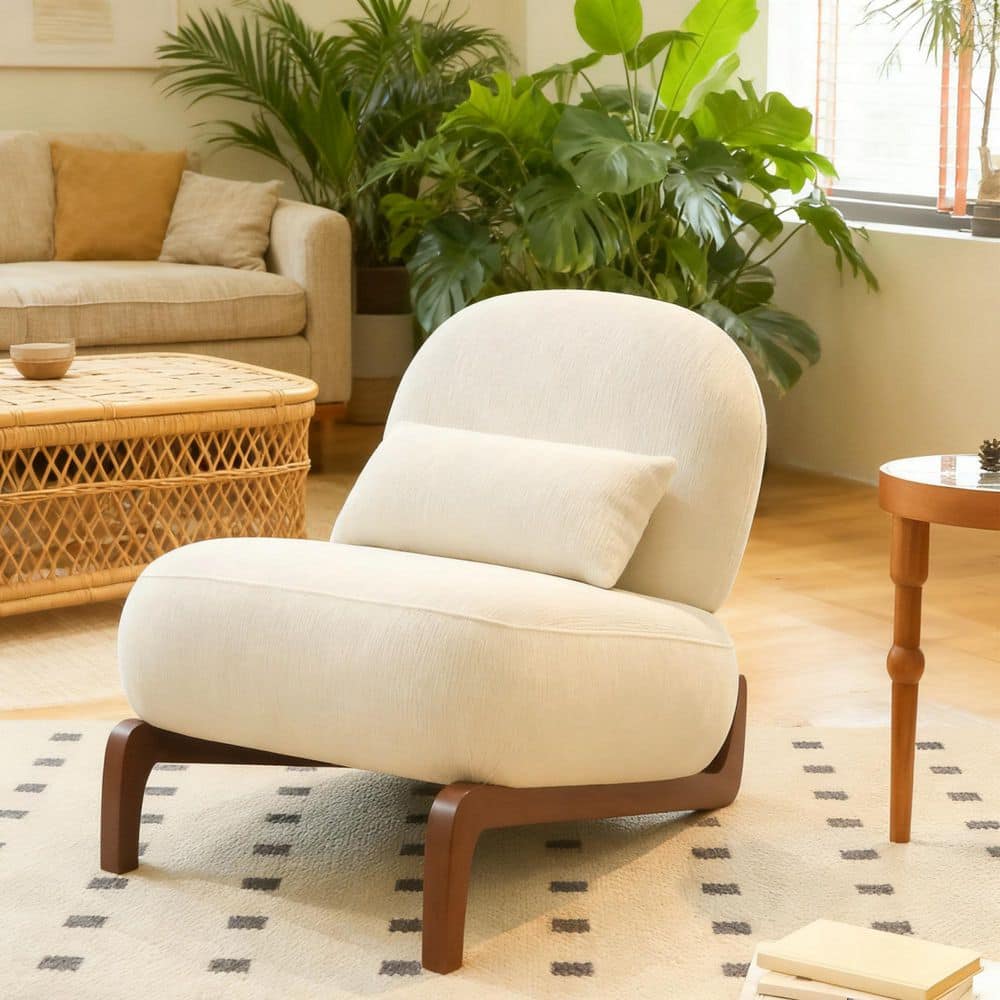 Wendell Modern White Velvet Upholstered Accent Side Chair with Pillow, Solid Wood Legs