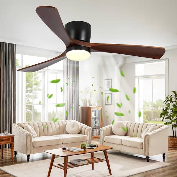 52 in. Smart Indoor Black Flush Mount Low Profile Ceiling Fan with Dimmable Integrated LED Light and 3 Solid Wood Blades