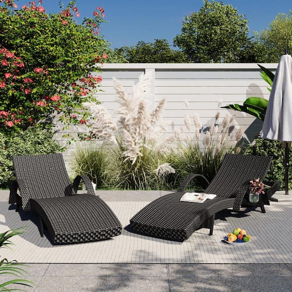 Tunearary Black Outdoor Wicker Recliner Chaise Lounge with Pull-Out Side Table Adjustable Back, Set of 2