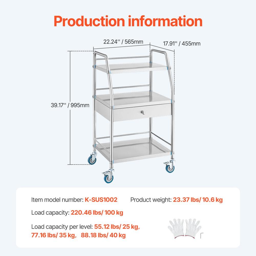 Silver Stainless Steel 3-Tier Mobile Lab Cart with Drawer